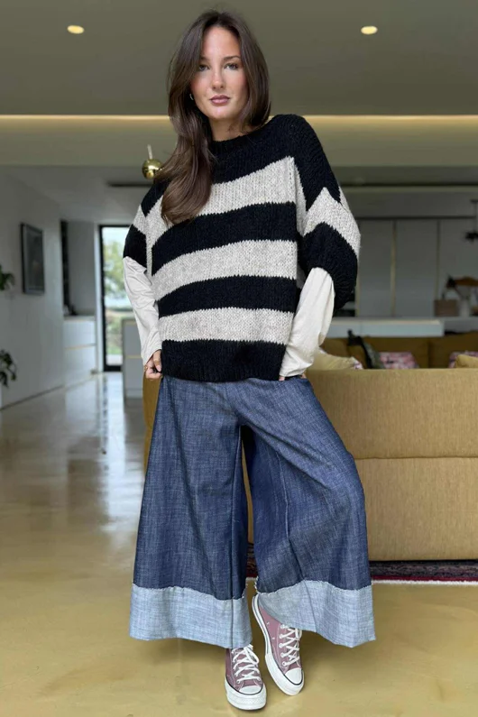  Big Softie Block Stripe Cap Sleeve Knit Top Black /15=